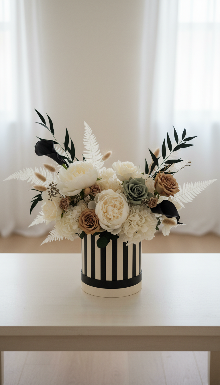 Grand bespoke arrangement with cream-and-black packaging