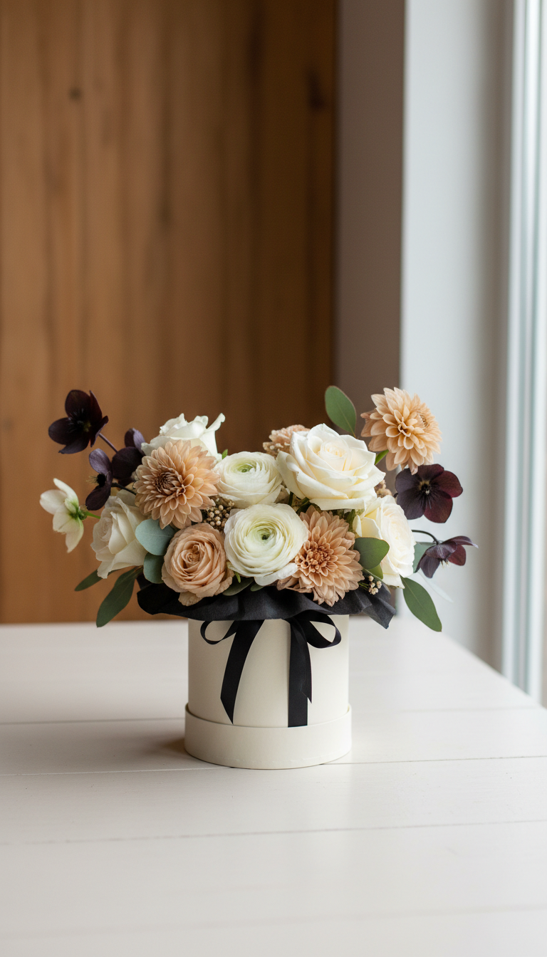 Petite subscription bouquet with cream-and-black packaging