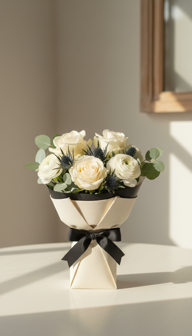 Classic medium bouquet with cream-and-black packaging